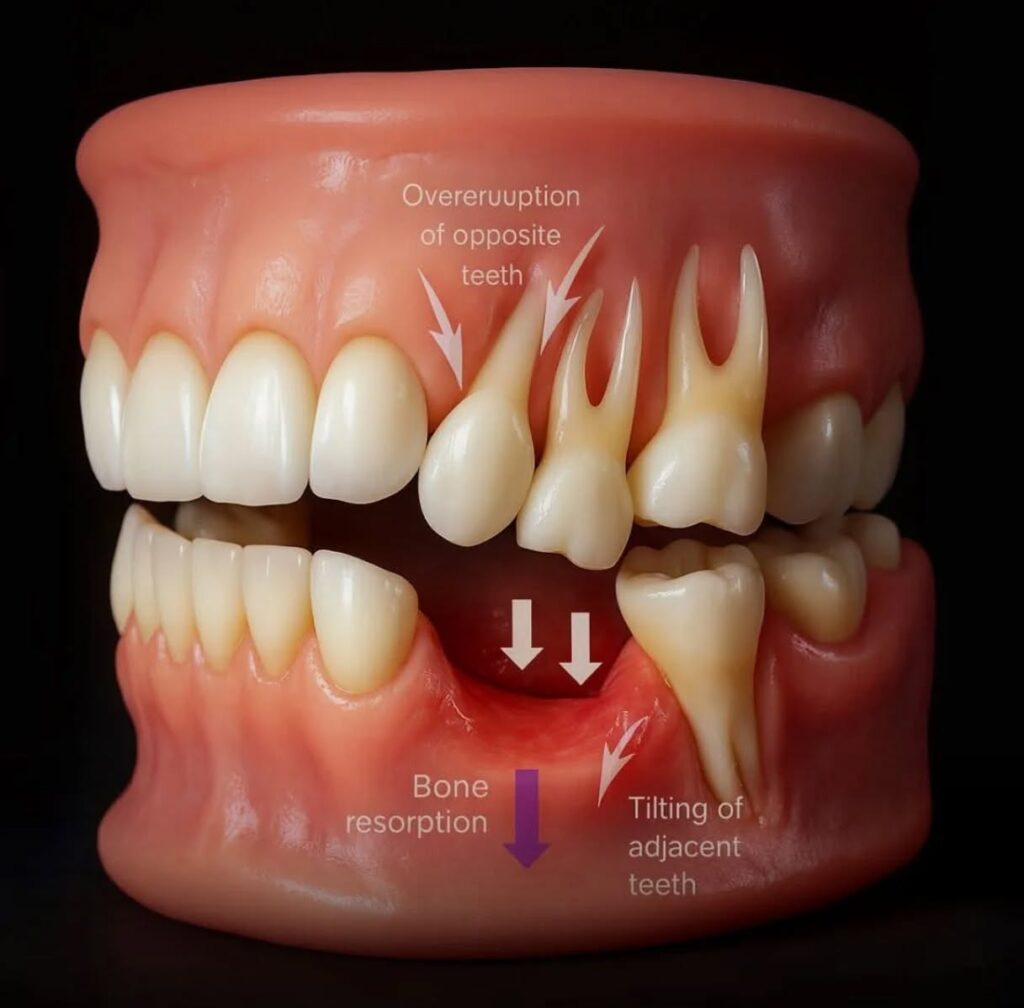 Diagram showing bone resorption, tooth tilting, and overeruption after tooth loss