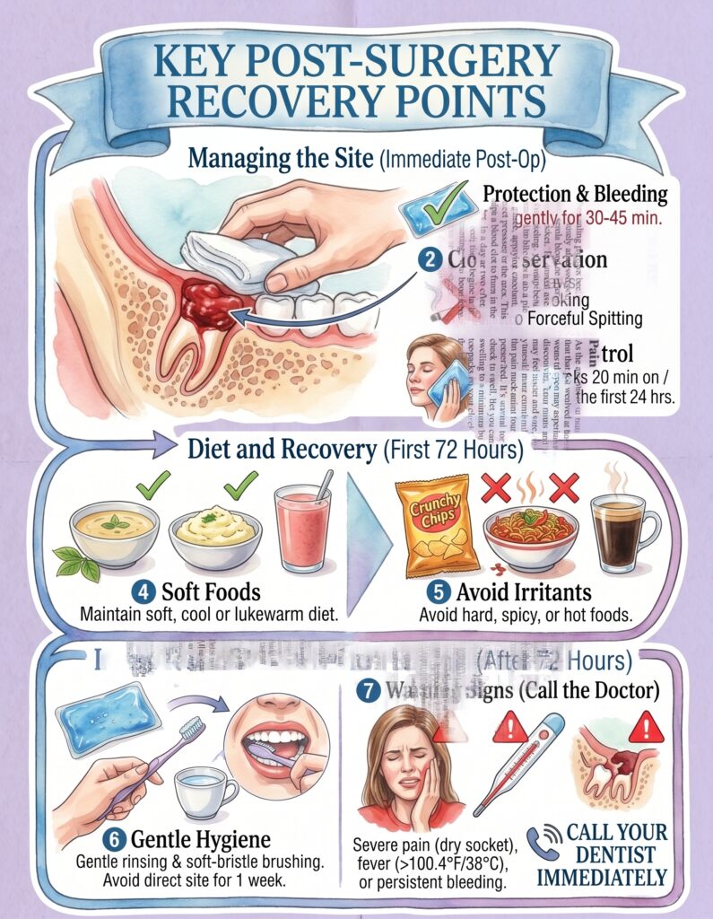 Post-surgery wisdom teeth recovery infographic showing bleeding control, soft foods to eat, and dry socket prevention.