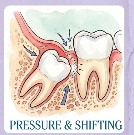 Impacted wisdom tooth putting pressure on second molar, potentially causing root damage and shifting.