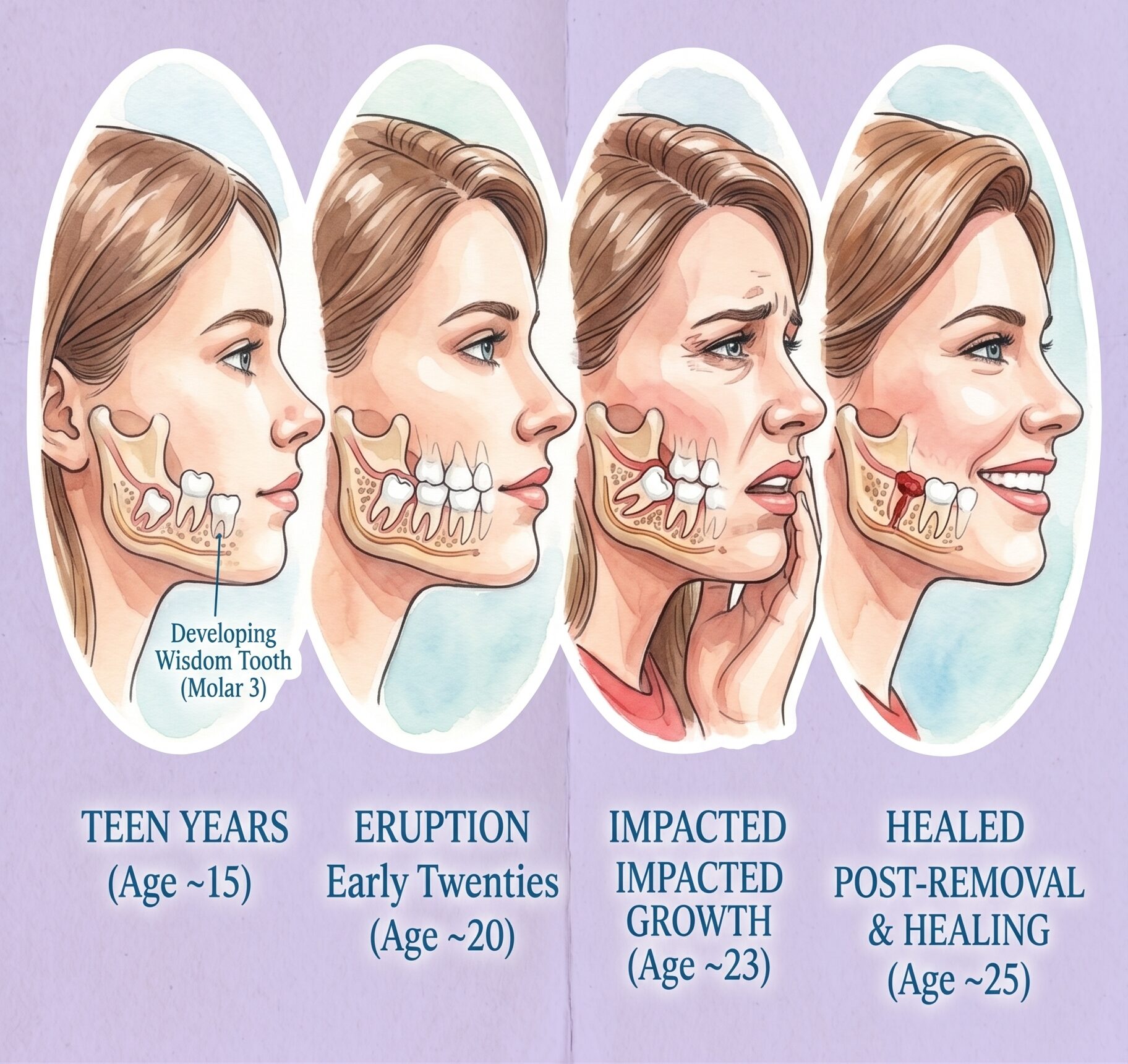 An anatomical watercolor illustration showing a woman's side profile in four stages of wisdom teeth development over time, from teenage years to post-removal healing. The graphic highlights developing, erupting, and impacted wisdom teeth (third molars).